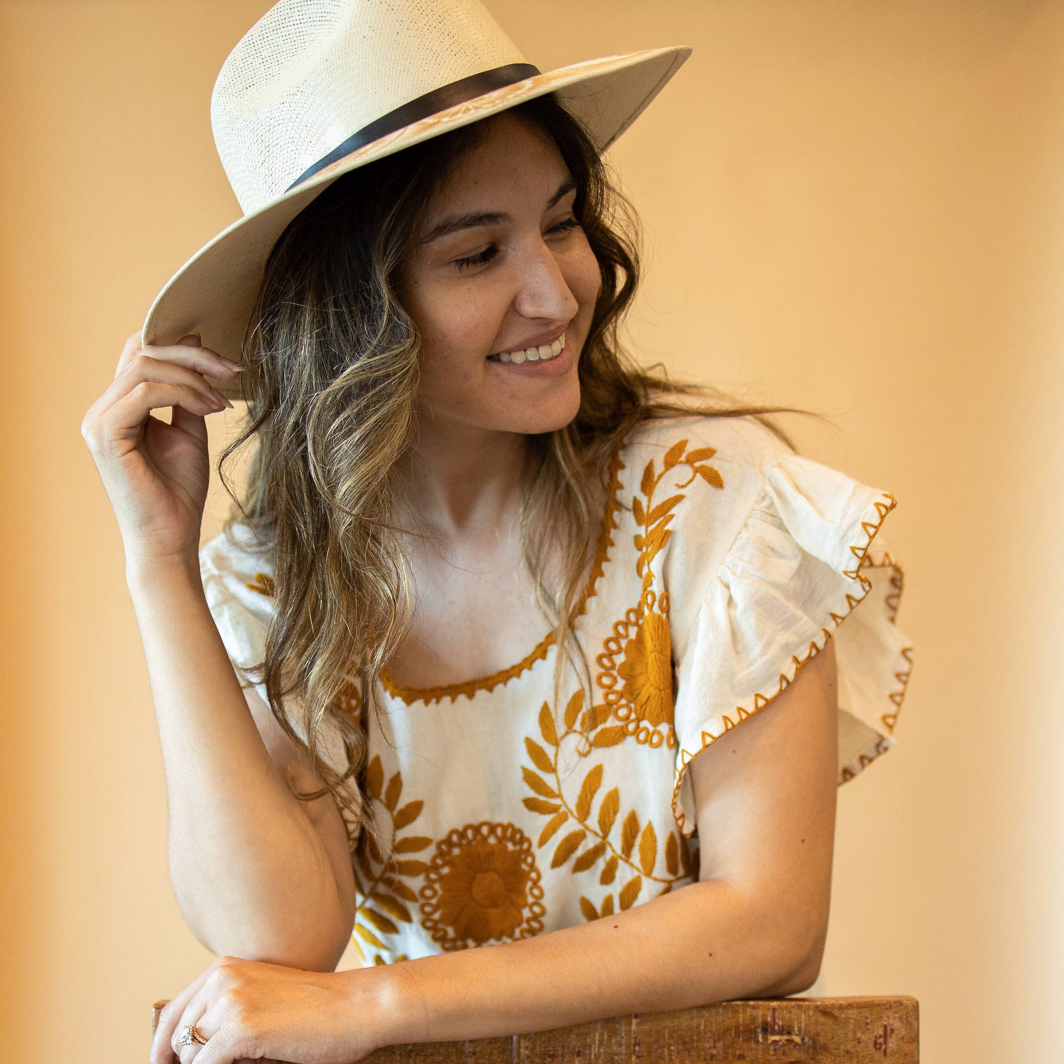 Andrea Hand Painted Mexican Fedora Hat - Tan and Gold - Stylish In The Saddle