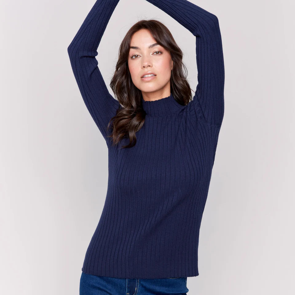Navy Ribbed Mock Neck Top - Stylish In The Saddle