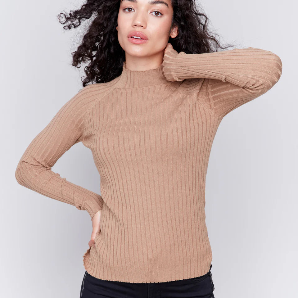 Caramel Ribbed Mock Neck Top - Stylish In The Saddle