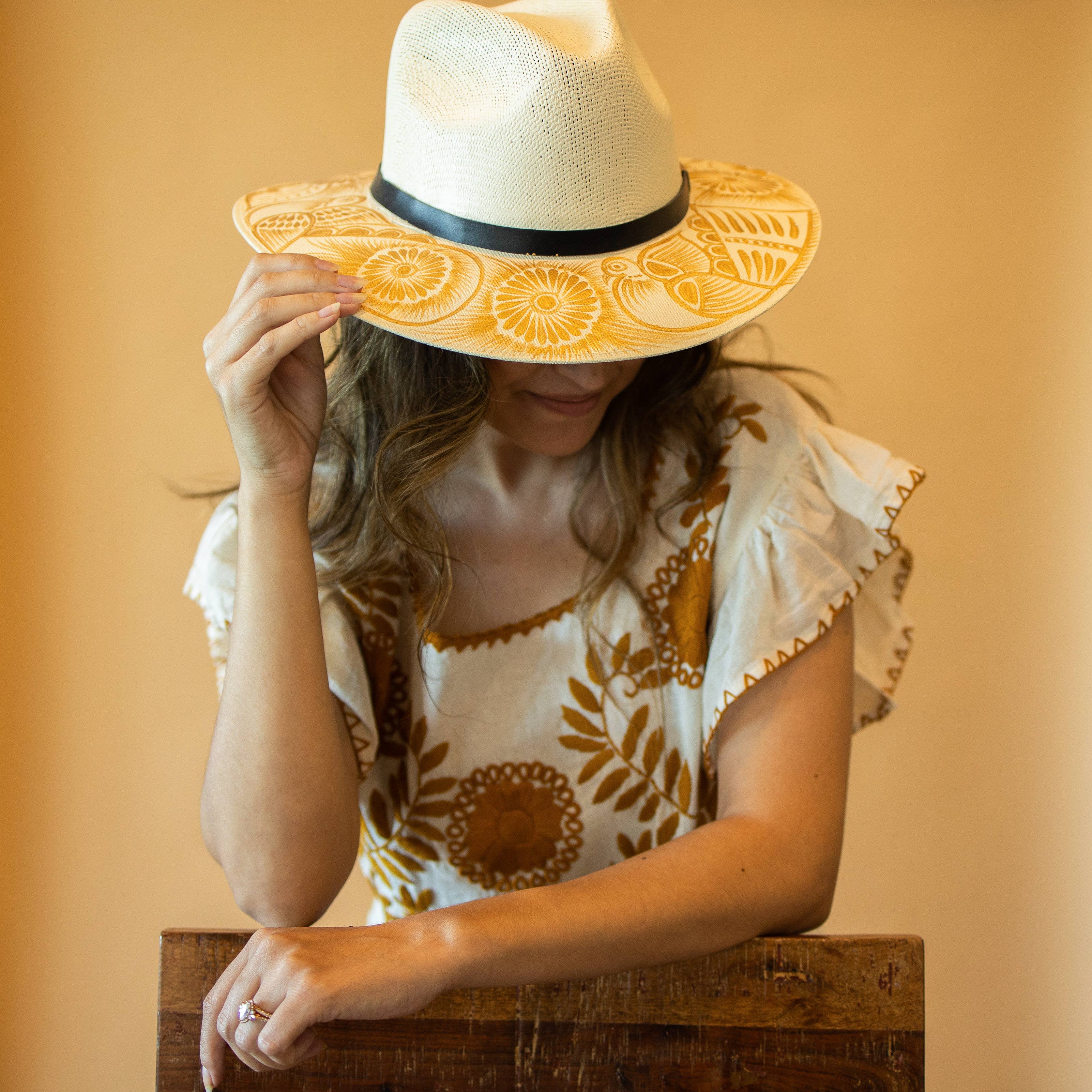 Andrea Hand Painted Mexican Fedora Hat - Tan and Gold - Stylish In The Saddle