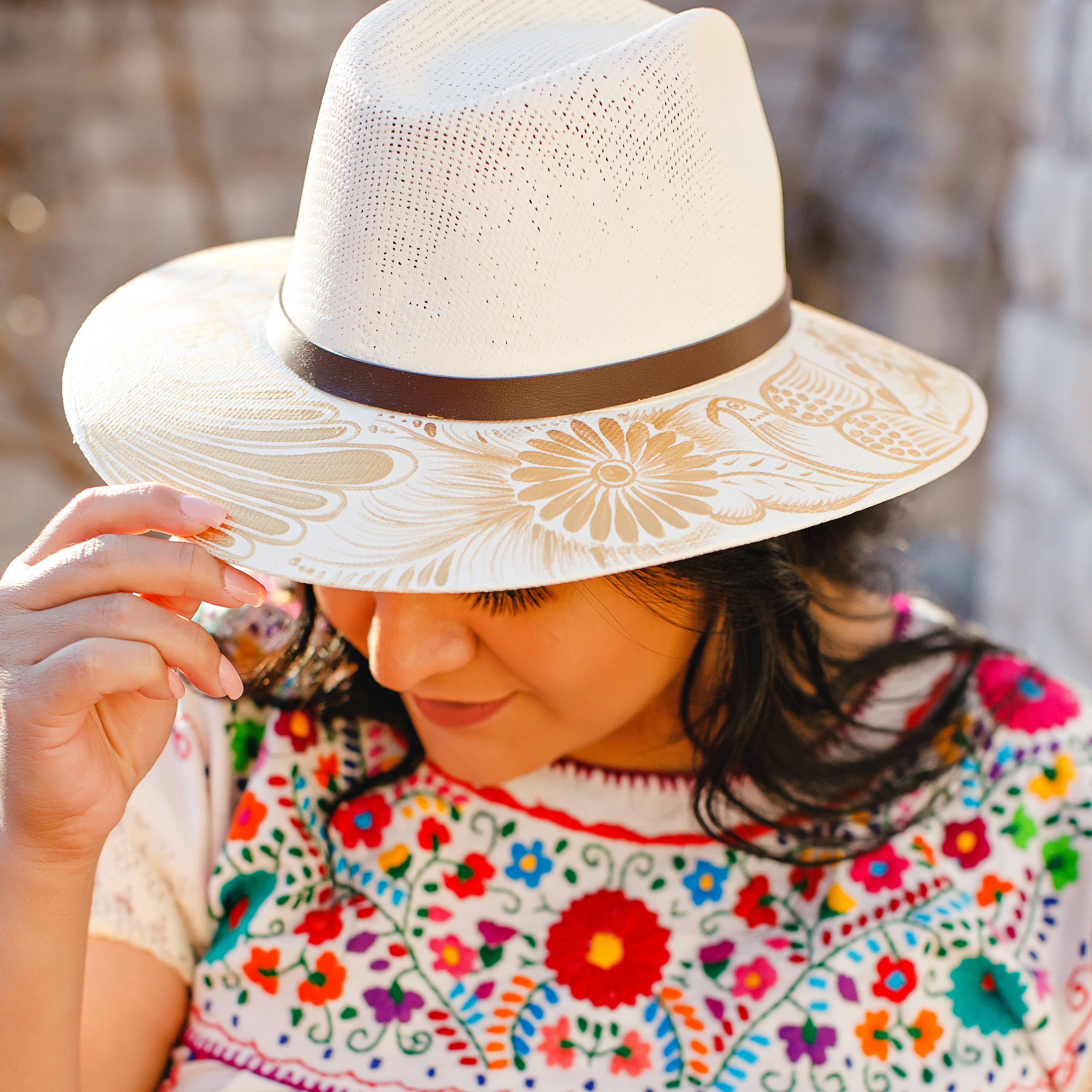 Andrea Hand Painted Mexican Fedora Hat - Tan and Gold - Stylish In The Saddle