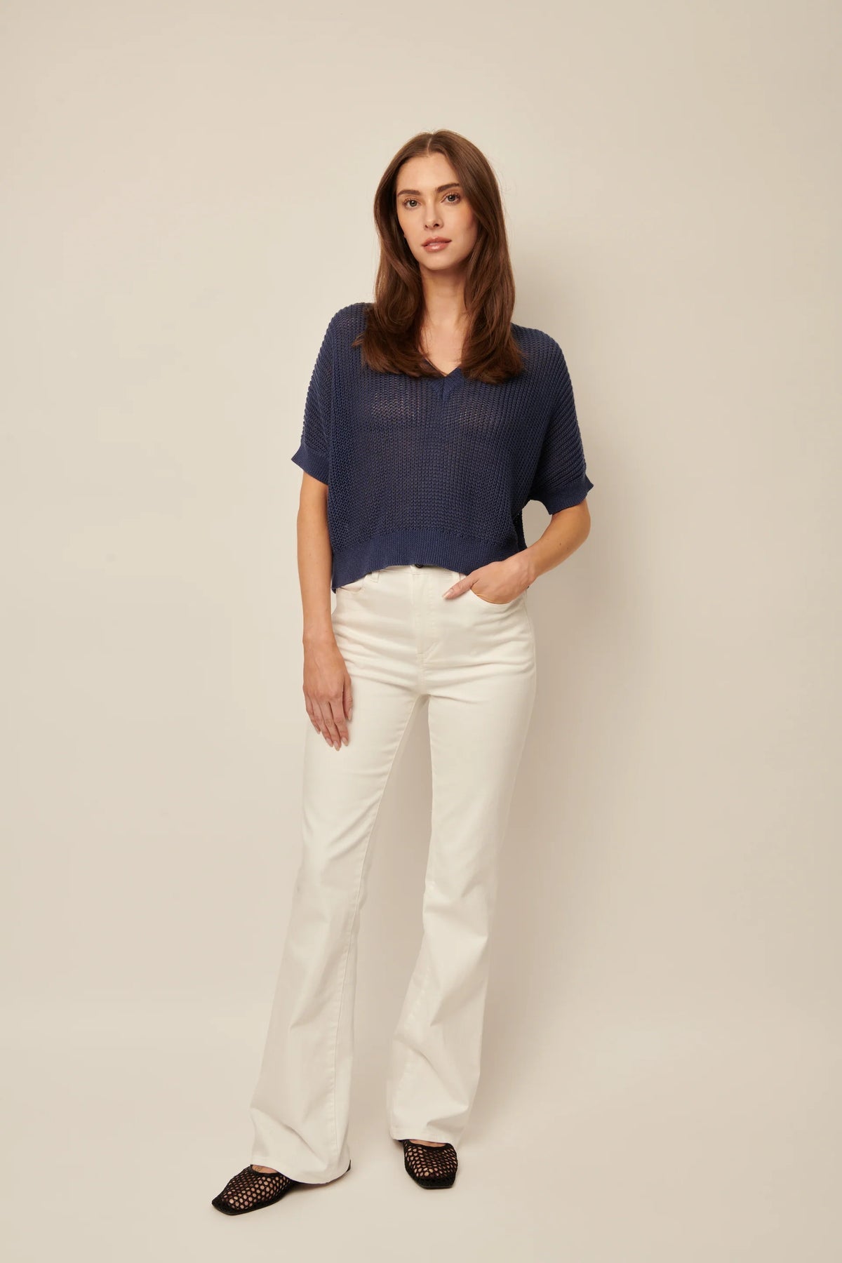 Piper Short Sleeve Knit V Neck Pullover Navy - Stylish In The Saddle