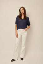 Piper Short Sleeve Knit V Neck Pullover Navy - Stylish In The Saddle