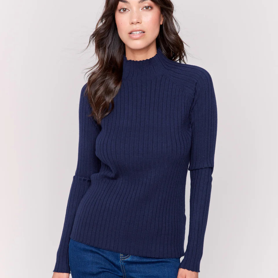 Navy Ribbed Mock Neck Top - Stylish In The Saddle