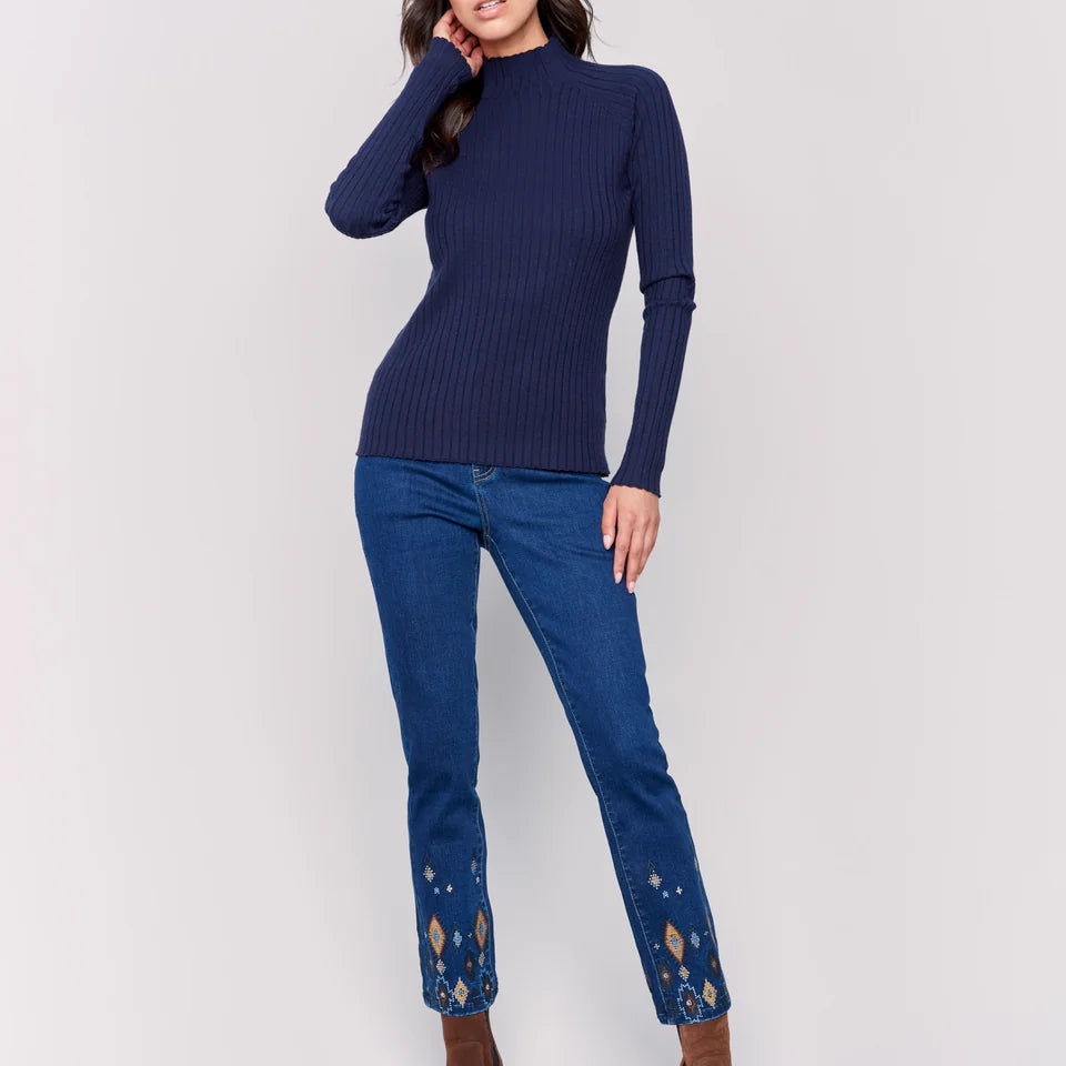 Navy Ribbed Mock Neck Top - Stylish In The Saddle
