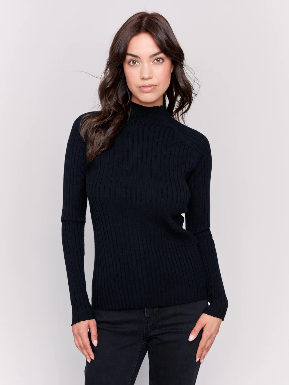 Black Ribbed Mock Neck Top - Stylish In The Saddle