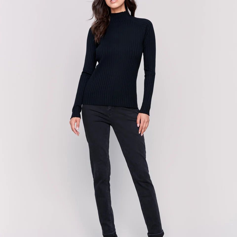 Black Ribbed Mock Neck Top - Stylish In The Saddle