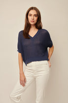 Piper Short Sleeve Knit V Neck Pullover Navy - Stylish In The Saddle