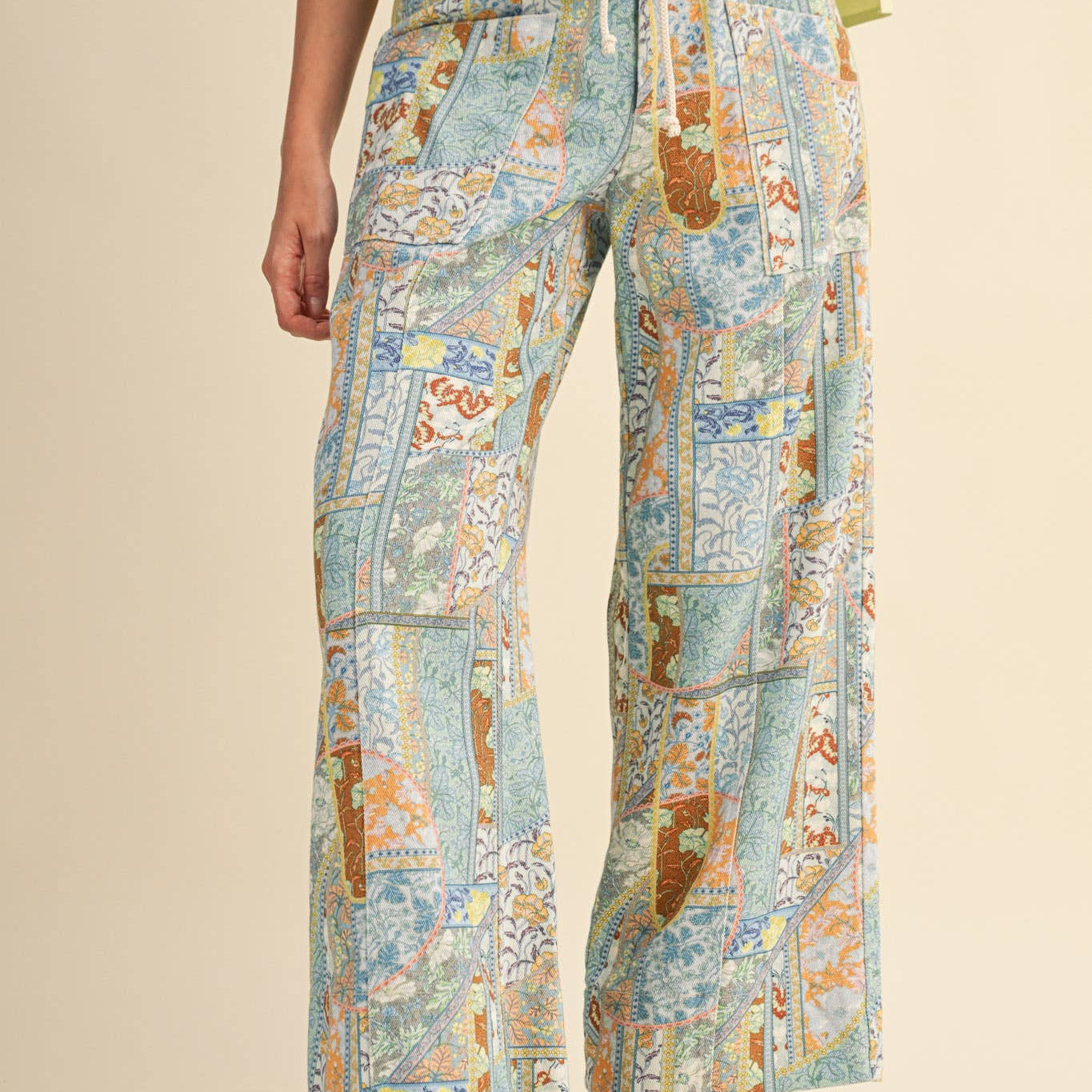 Patchwork Wide Leg Drawstring Pant