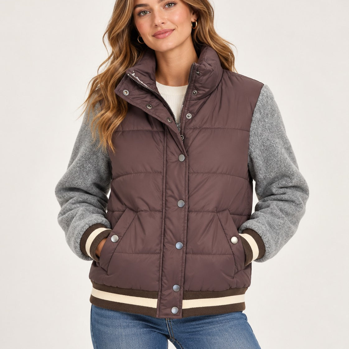 Mauve Quilted Varsity Jacket modeled front view