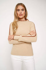 Beige Ribbed Sweater with Chocolate Piping