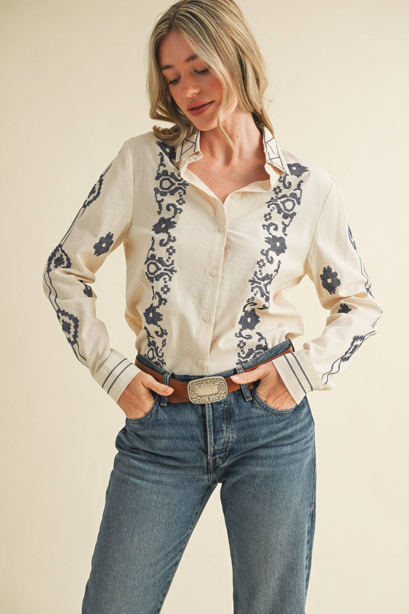 EMBROIDERED BUTTON UP TOP MTP4162 - Stylish In The Saddle