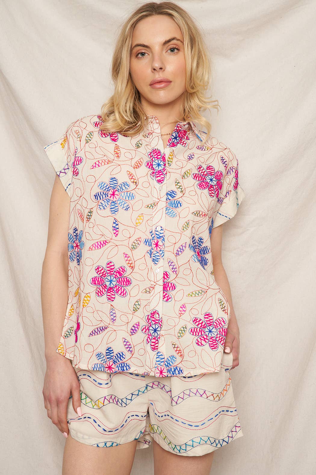 Multicolor Embroidered Short Sleeve Button Down Shirt - Stylish In The Saddle