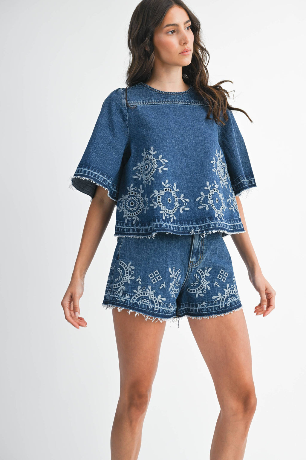 Embroidered Floral Denim Top and Short Set