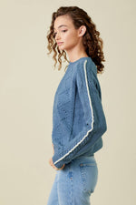 Denim Blue Cable Sweater with Piping