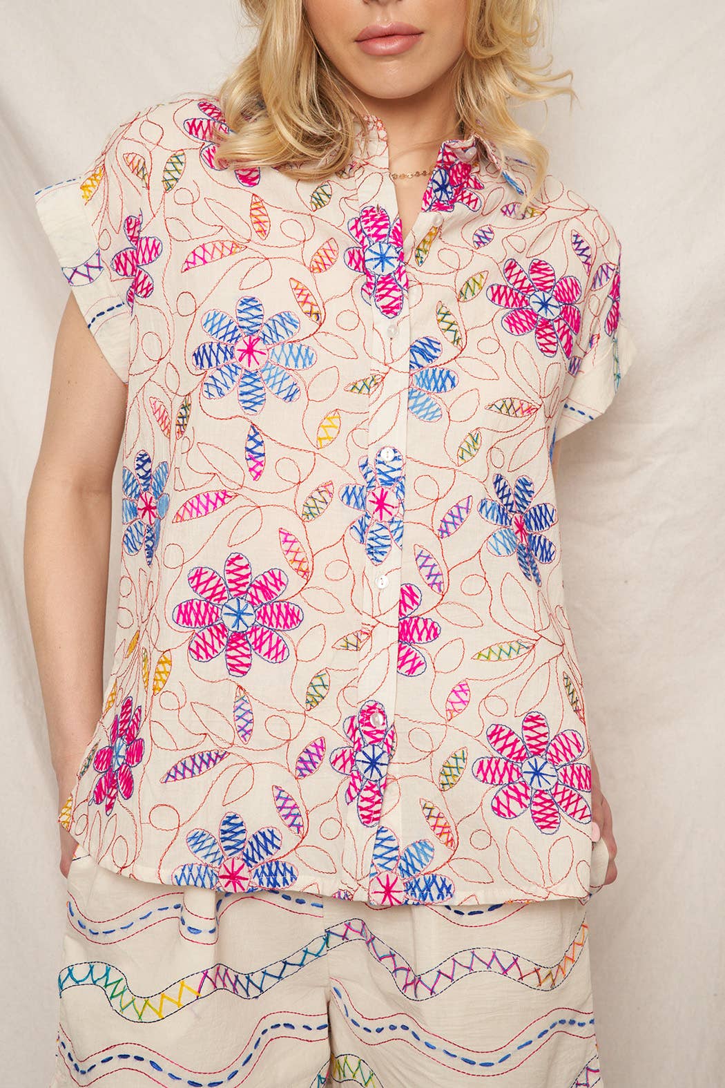 Multicolor Embroidered Short Sleeve Button Down Shirt - Stylish In The Saddle