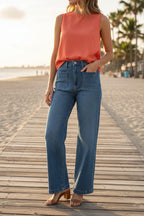 Mid Rise Patch Pocket Wide Leg Jean
