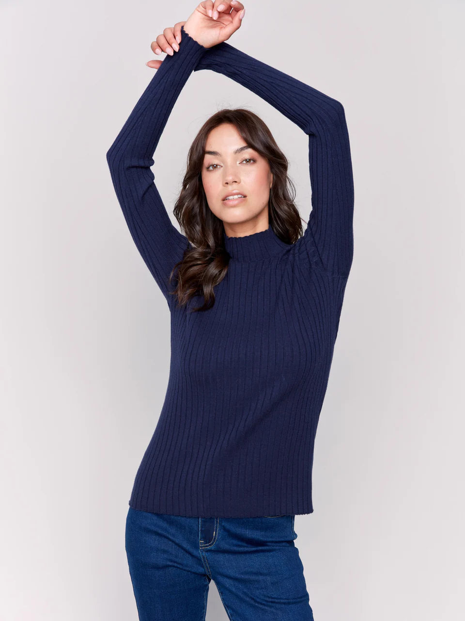 Navy Ribbed Mock Neck Top - Stylish In The Saddle