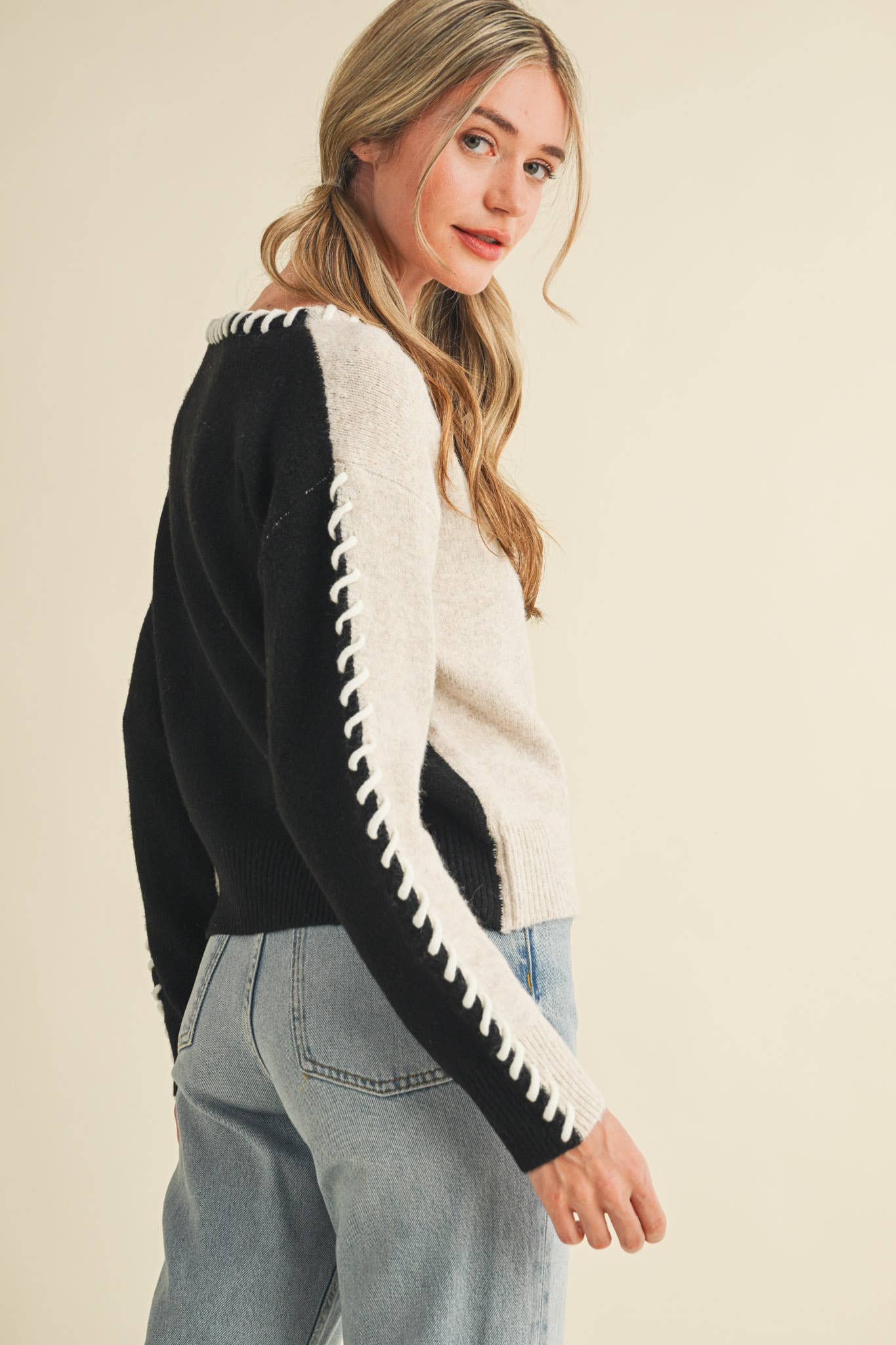 WHIP STITCH TWO-TONE SWEATER MSW11155 - Stylish In The Saddle