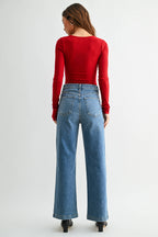 Mid Rise Patch Pocket Wide Leg Jean