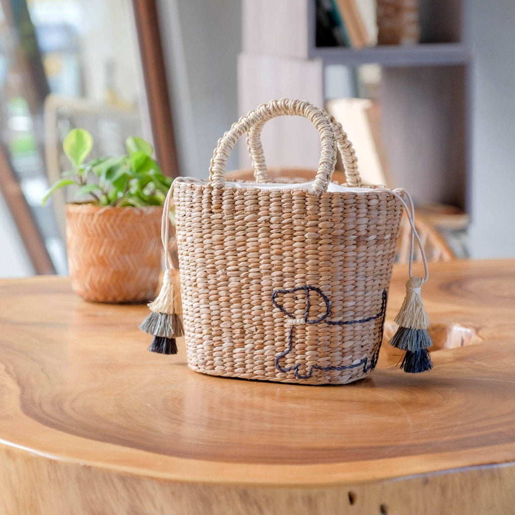 Woven Tote Bag with Embroidered Dachshund