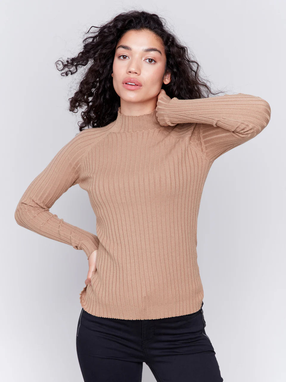 Caramel Ribbed Mock Neck Top - Stylish In The Saddle