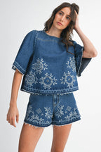 Embroidered Floral Denim Top and Short Set