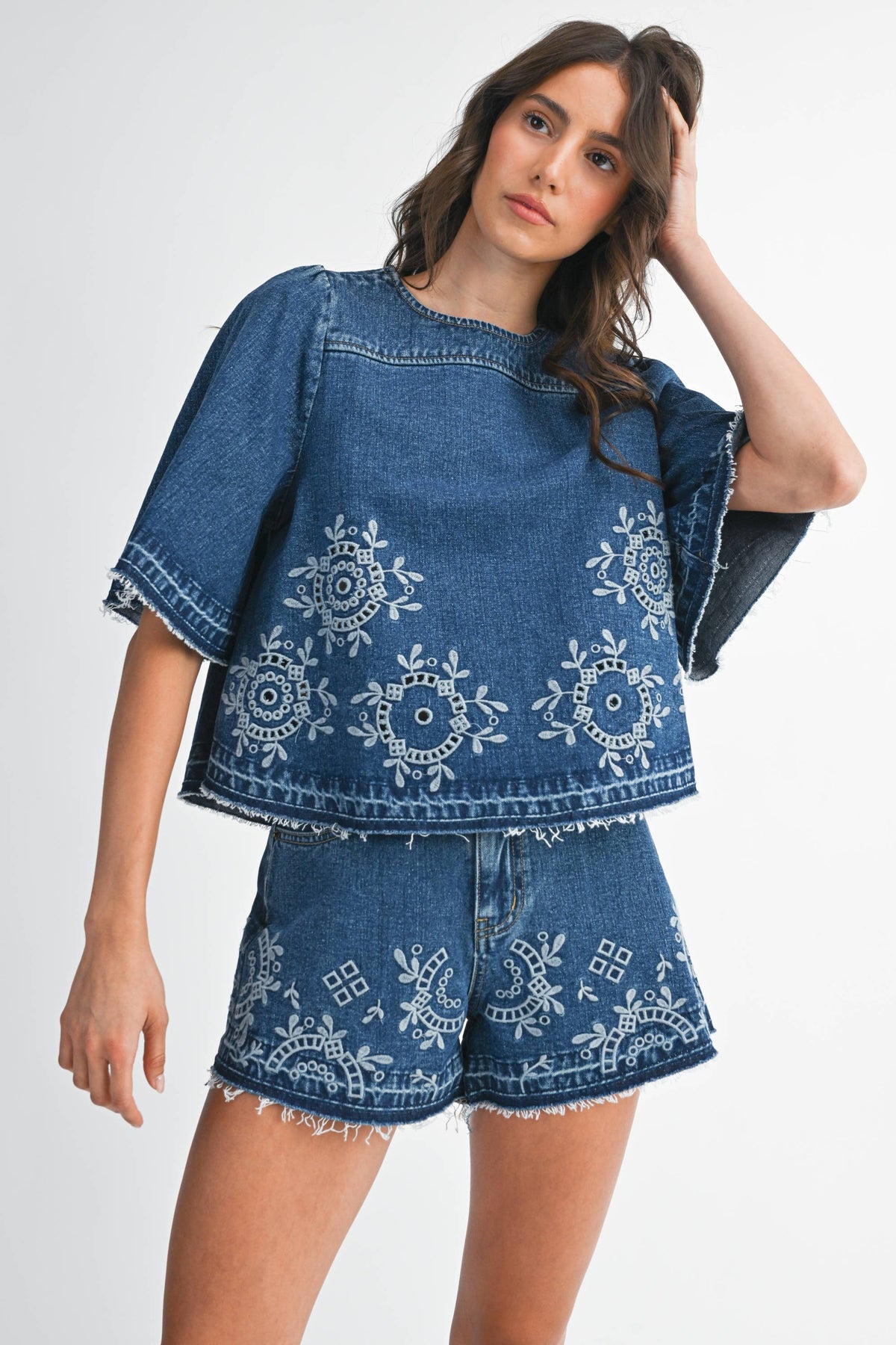 Embroidered Floral Denim Top and Short Set