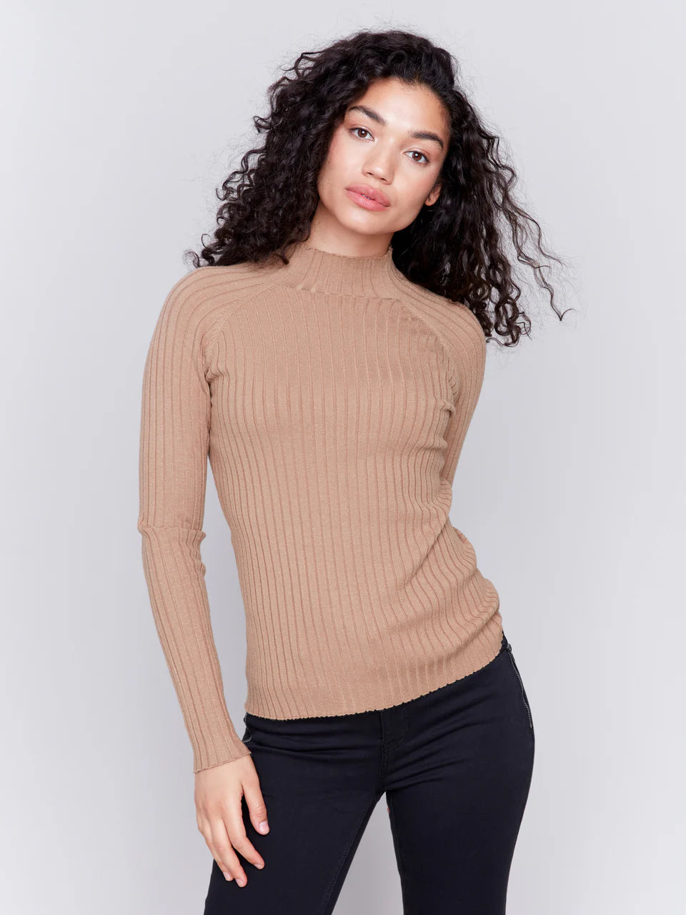 Caramel Ribbed Mock Neck Top - Stylish In The Saddle