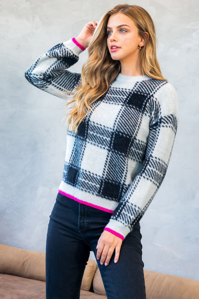 Plaid Grey Sweater with Neon Pink Trim