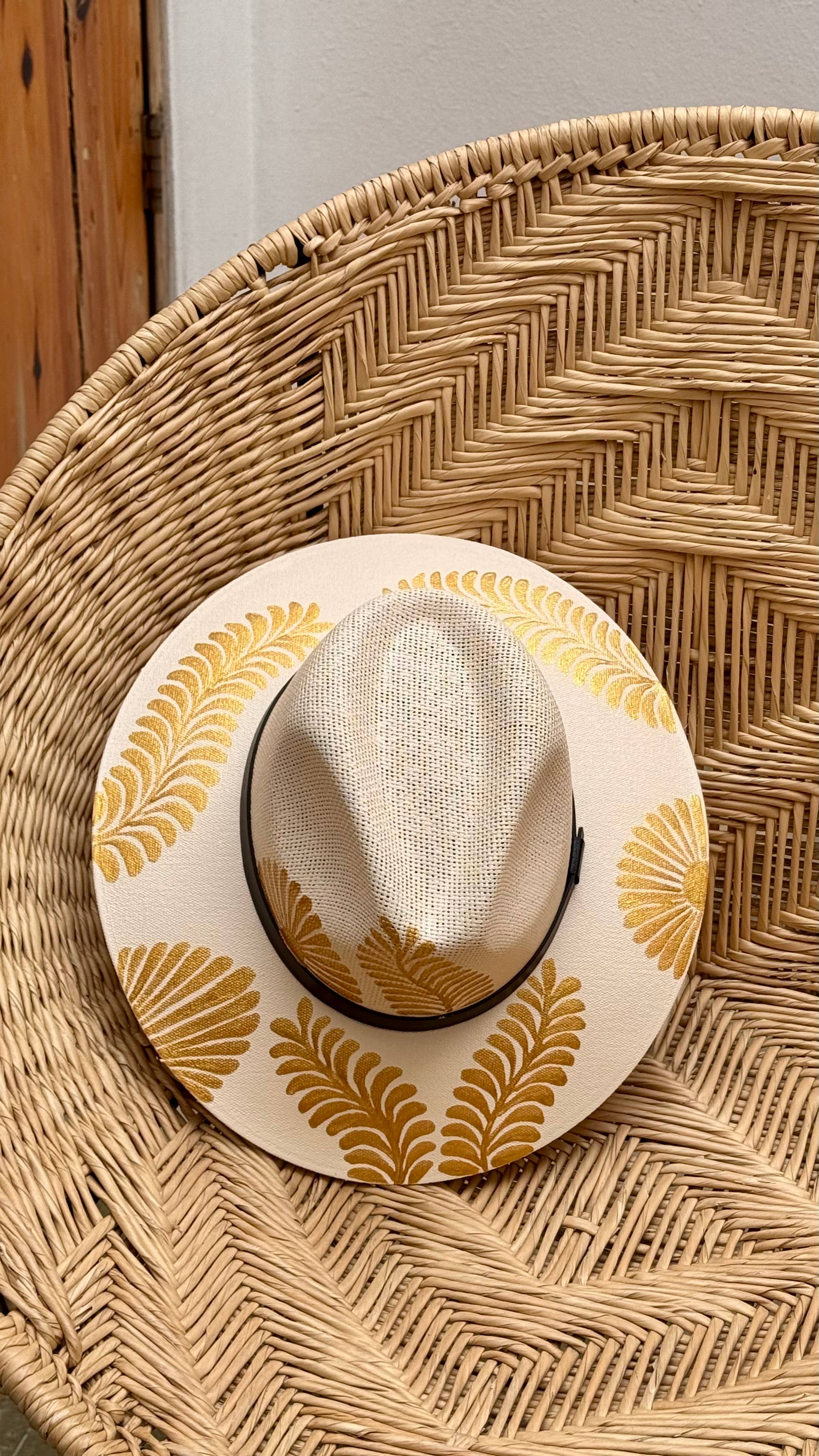 Patricia Hand Painted Resort Hat - Tan and Gold Flower - Stylish In The Saddle