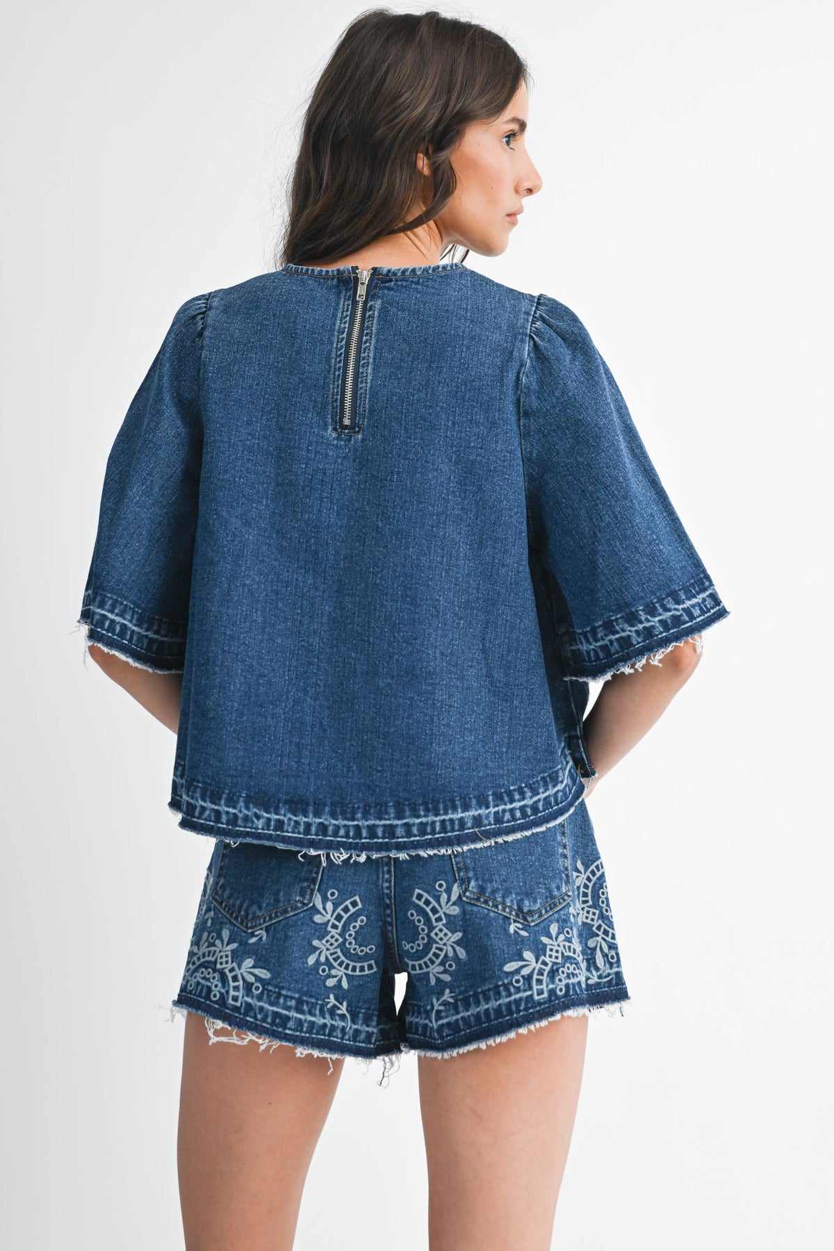 Embroidered Floral Denim Top and Short Set