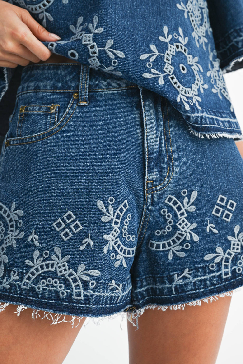 Embroidered Floral Denim Top and Short Set
