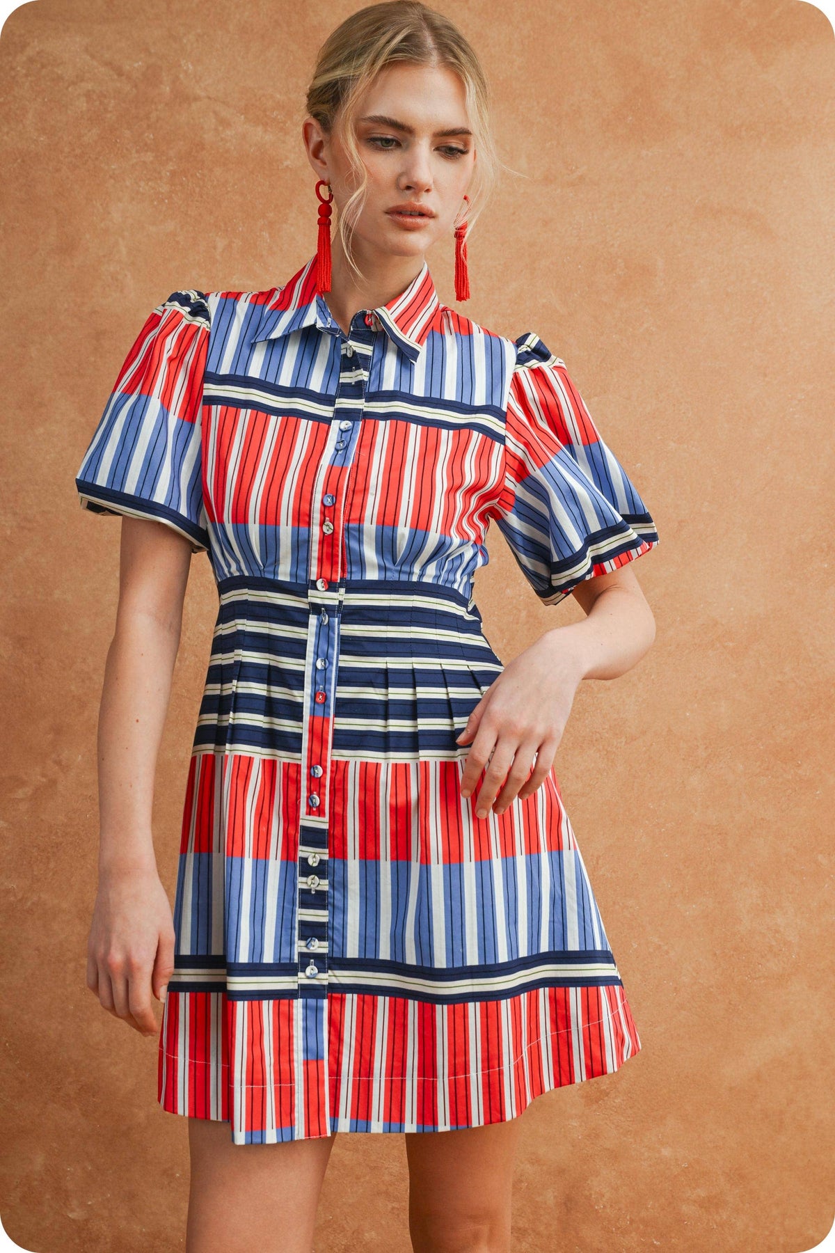 Color Block Striped Button Mini Dress