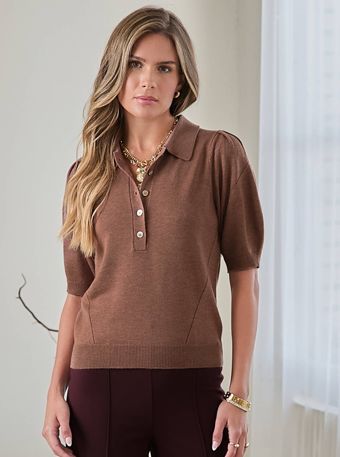 Ribbed Short Sleeve Polo Knit Top - Stylish In The Saddle