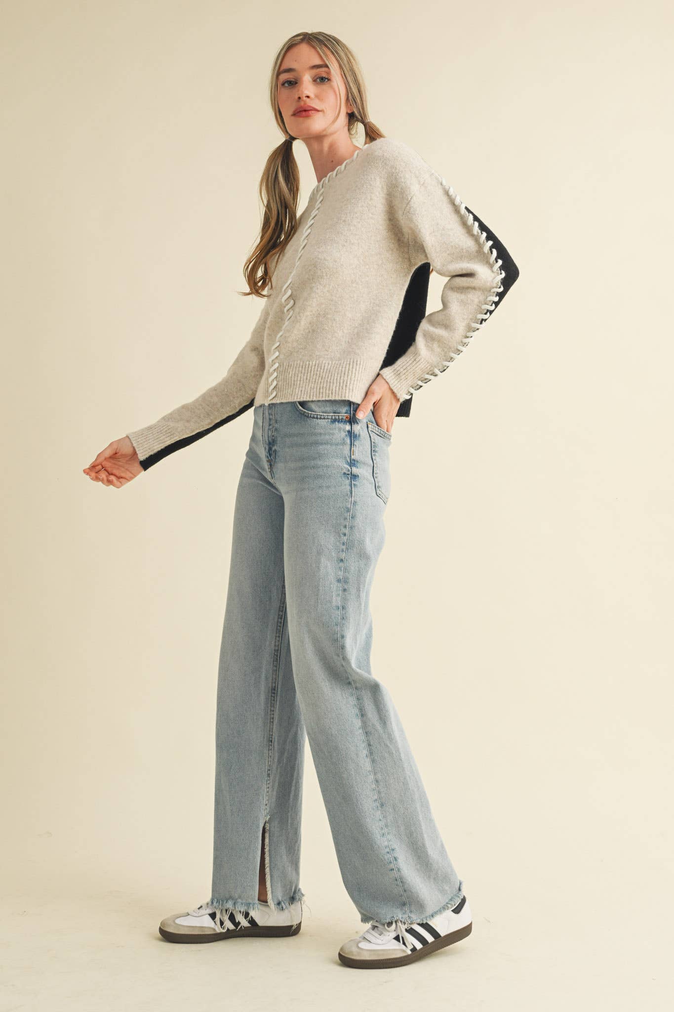 WHIP STITCH TWO-TONE SWEATER MSW11155 - Stylish In The Saddle