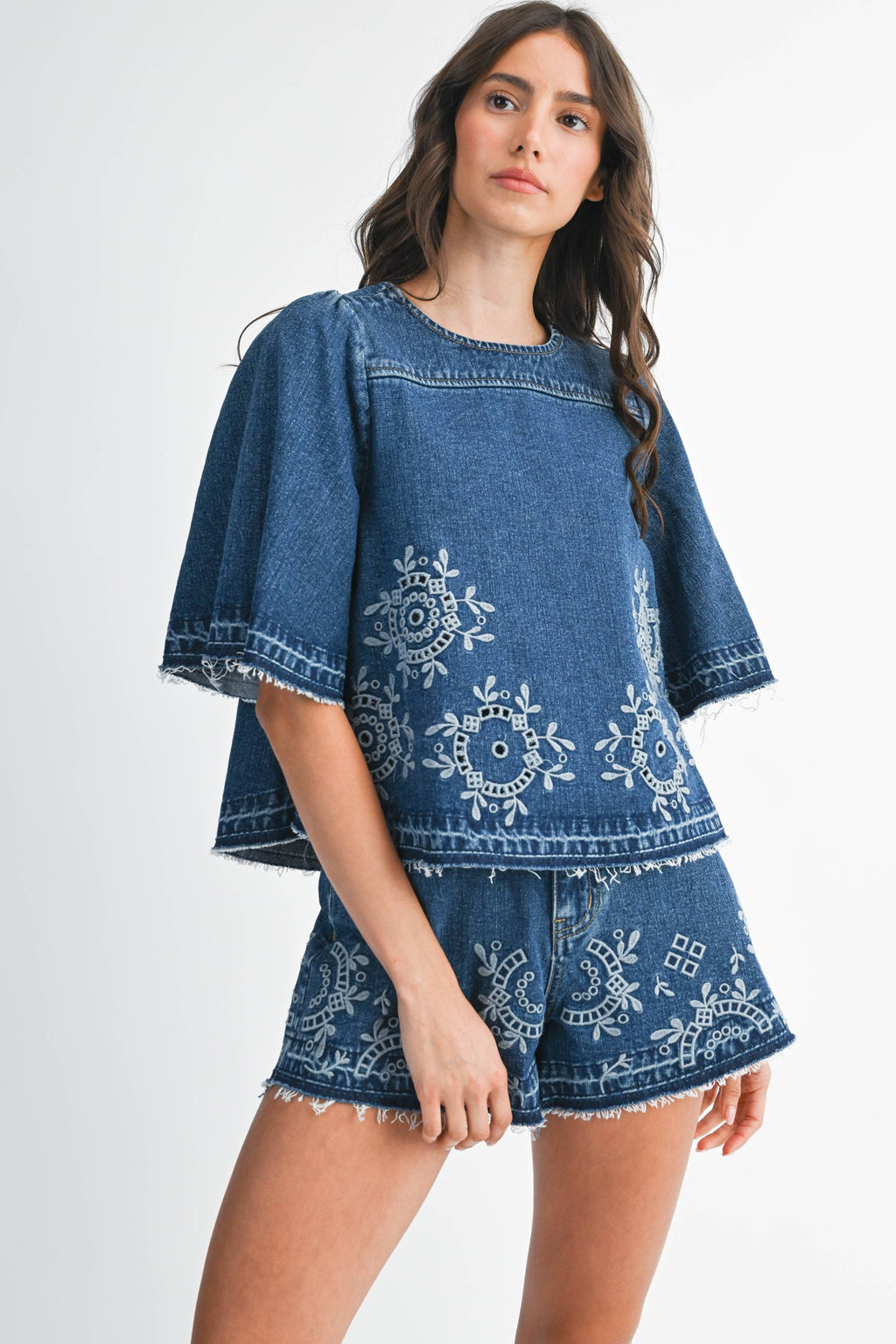Embroidered Floral Denim Top and Short Set