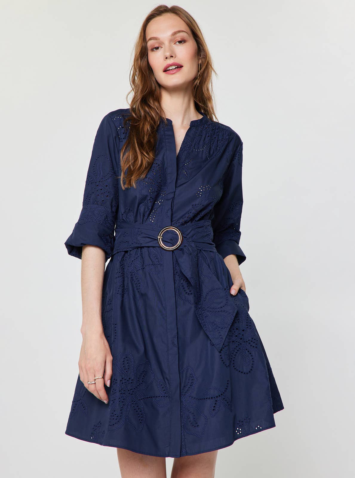 Eyelet Embroidered Belted Mini Dress