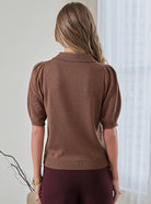 Ribbed Short Sleeve Polo Knit Top - Stylish In The Saddle