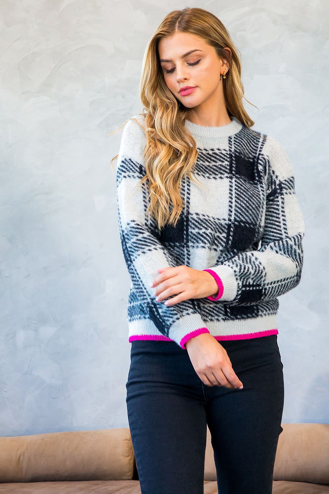 Plaid Grey Sweater with Neon Pink Trim