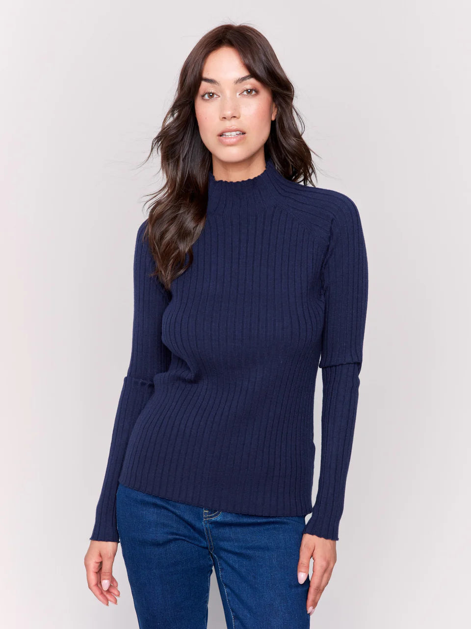 Navy Ribbed Mock Neck Top - Stylish In The Saddle