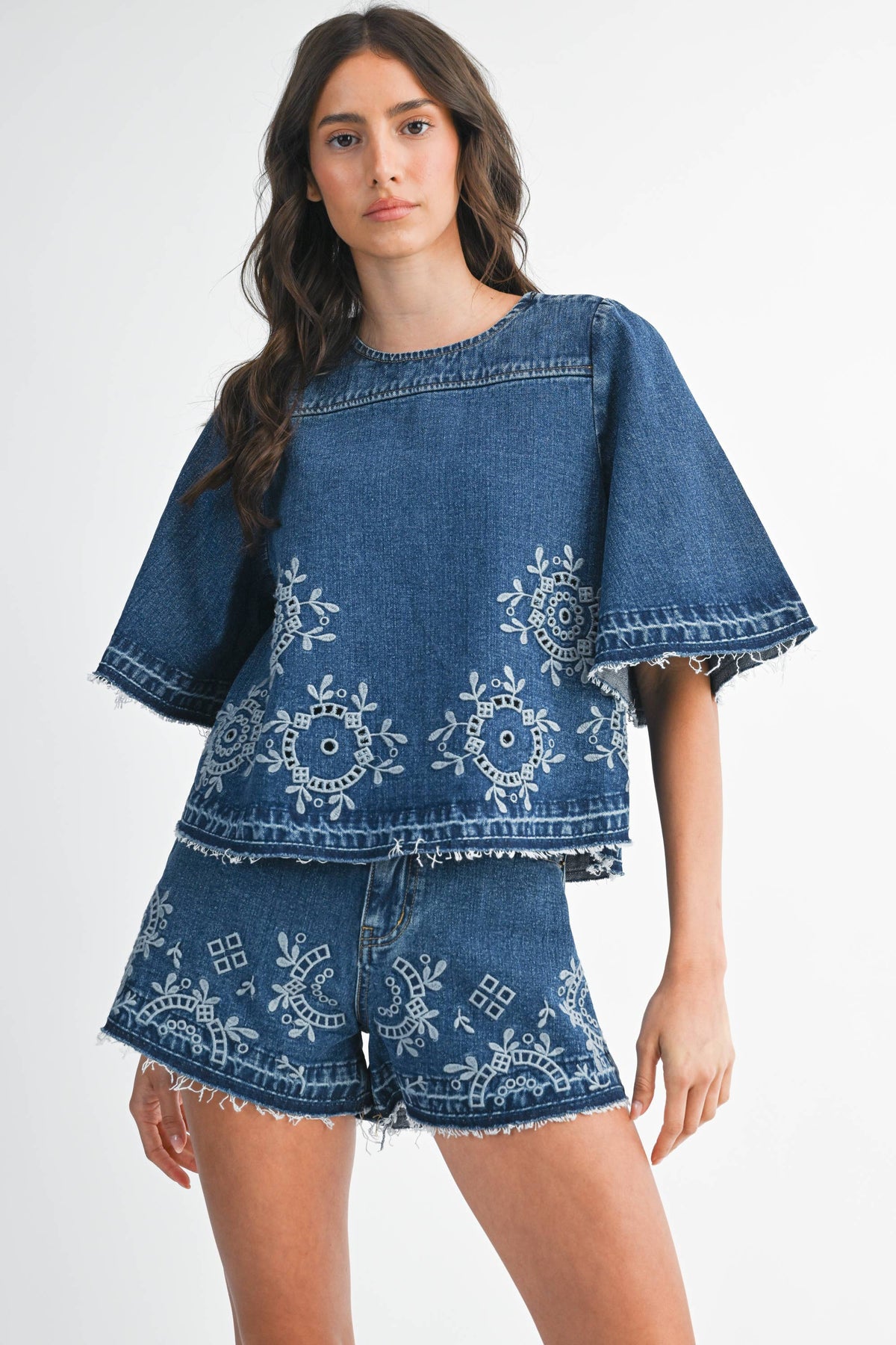 Embroidered Floral Denim Top and Short Set