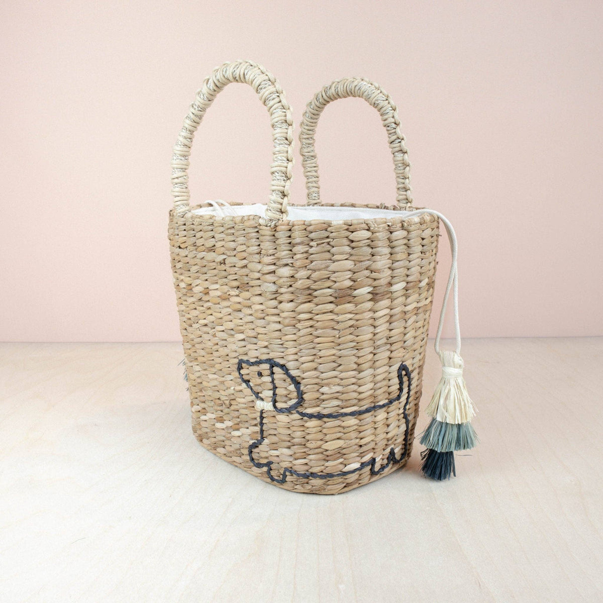 Woven Tote Bag with Embroidered Dachshund
