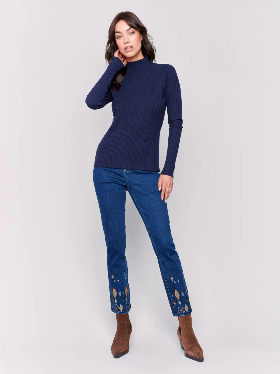 Navy Ribbed Mock Neck Top – Stylish In The Saddle