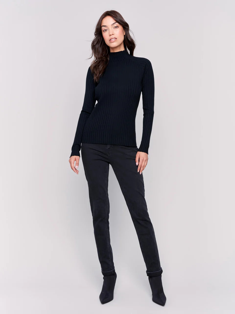 Black Ribbed Mock Neck Top - Stylish In The Saddle