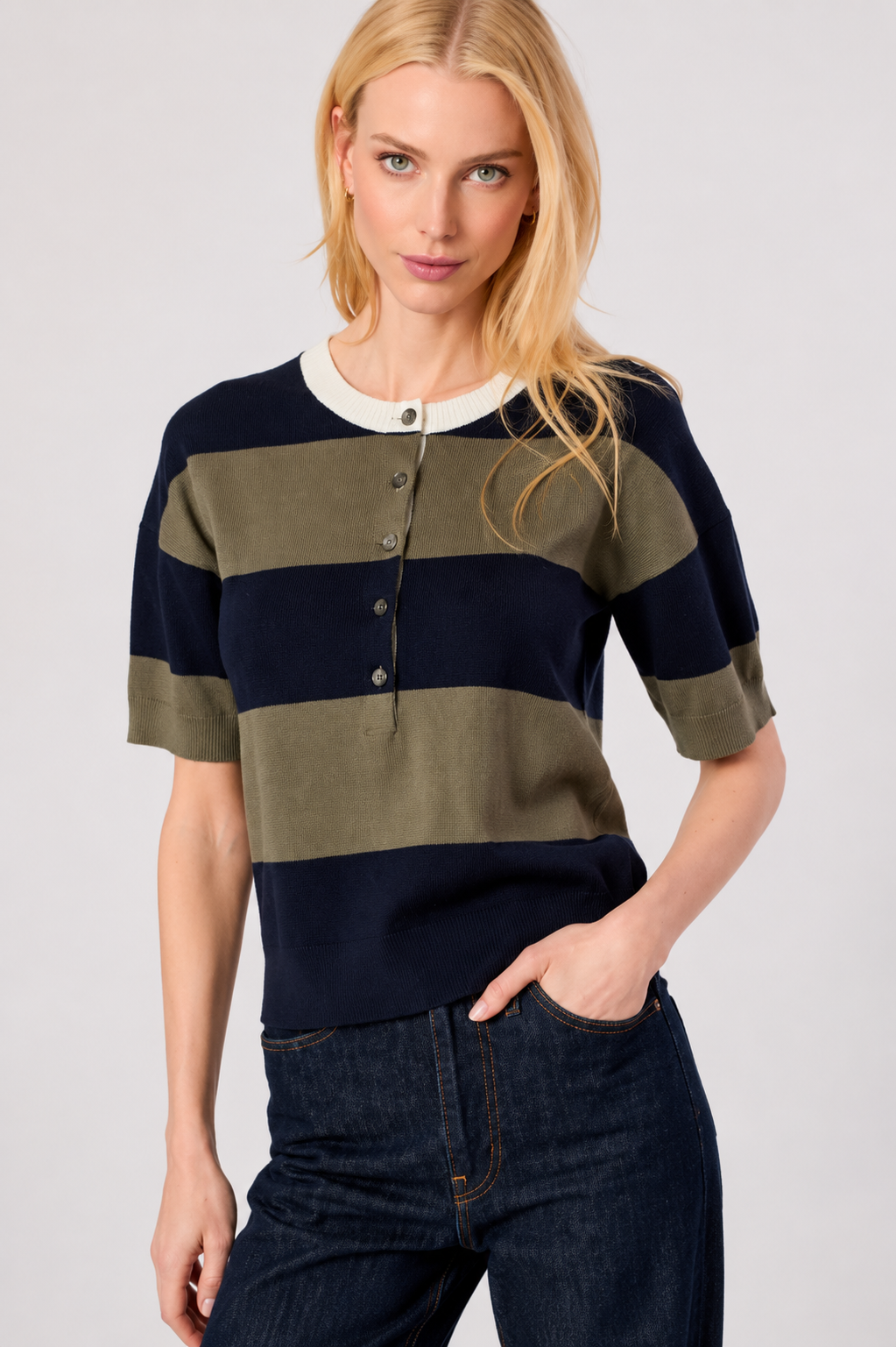 Two Tone Henley Button Down Top