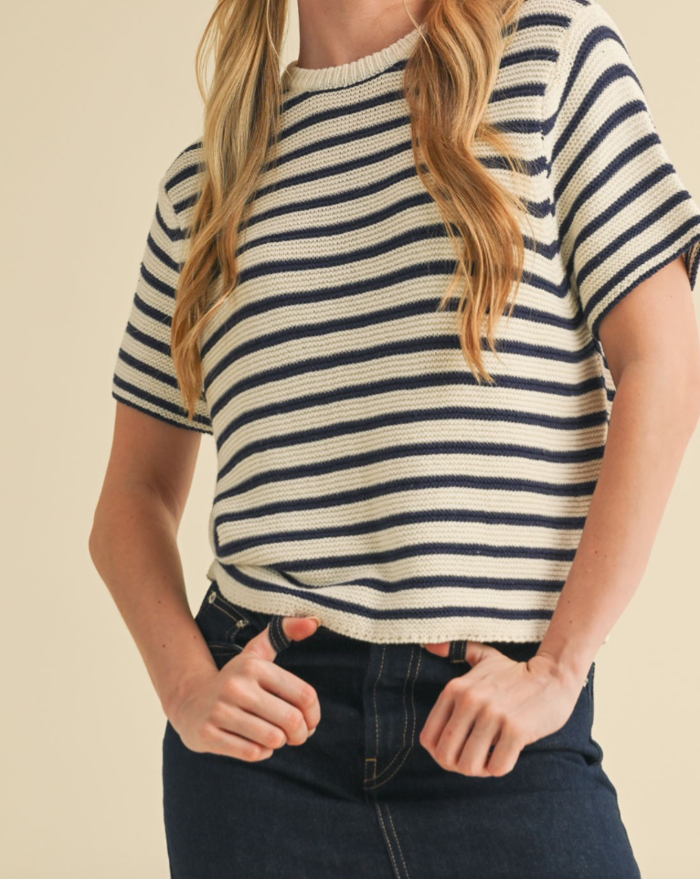Knit Stripe Short Sleeve Sweater - Stylish In The Saddle
