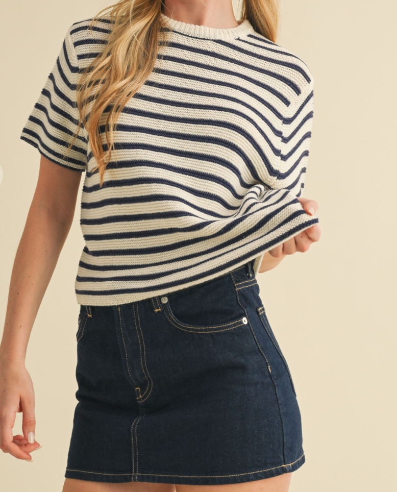Knit Stripe Short Sleeve Sweater - Stylish In The Saddle