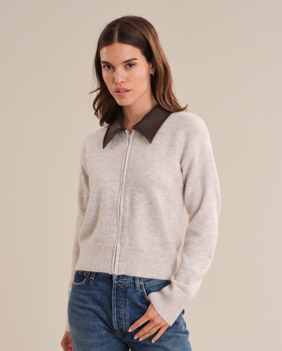 FAUX LEATHER COLLAR ZIP UP CARDIGAN