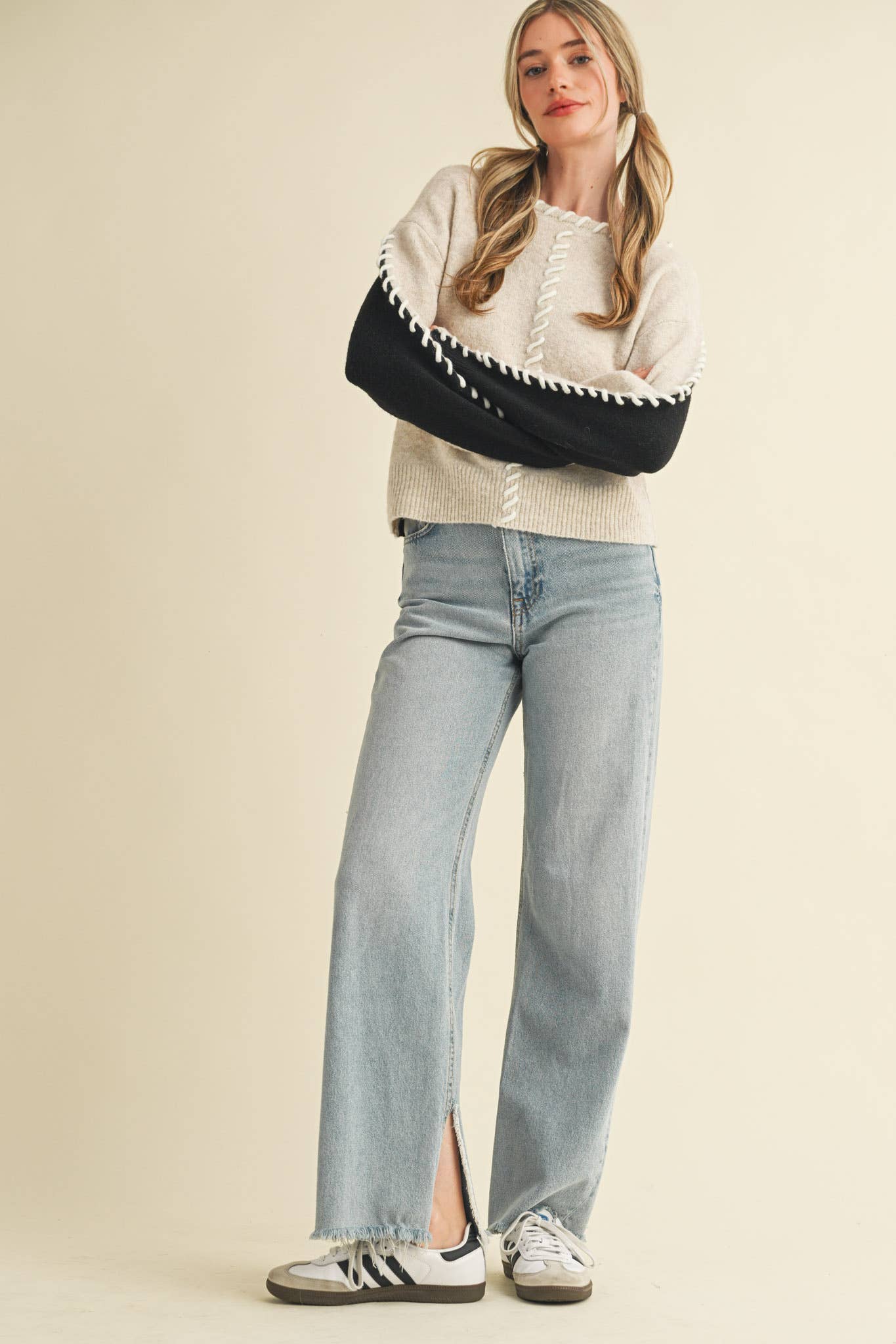 WHIP STITCH TWO-TONE SWEATER MSW11155 - Stylish In The Saddle